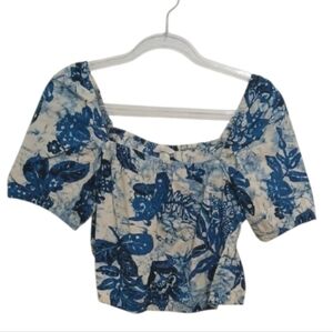 H&M Blue Floral Off-Shoulder Puff Sleeves Elastic Crop Top Size Medium NEW
